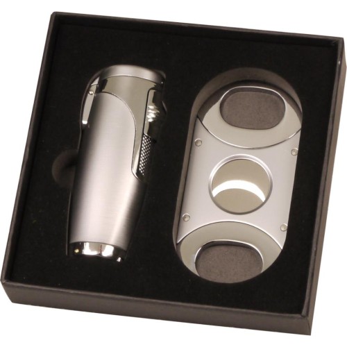 Gift set with tripple torch lighter and cutter - silver